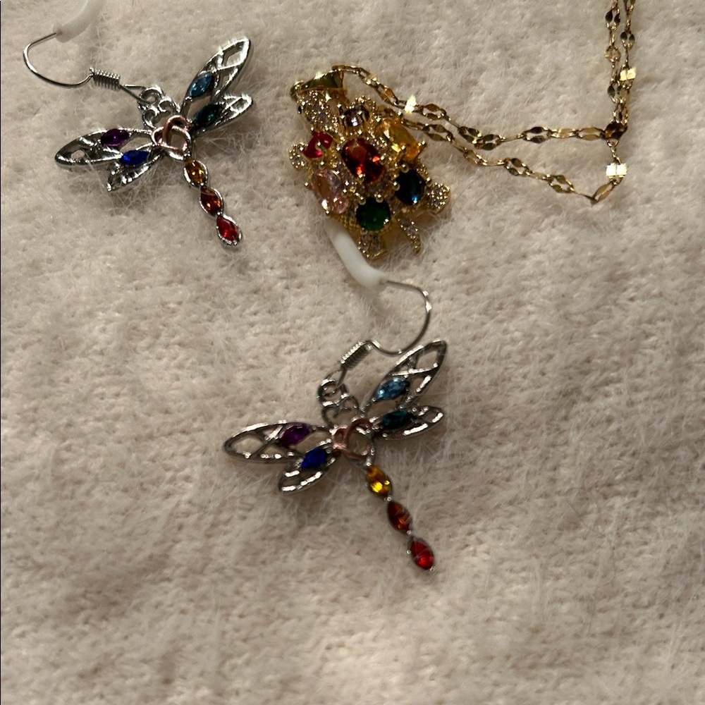 Silver Dragonfly Earrings with Multicolor Accents